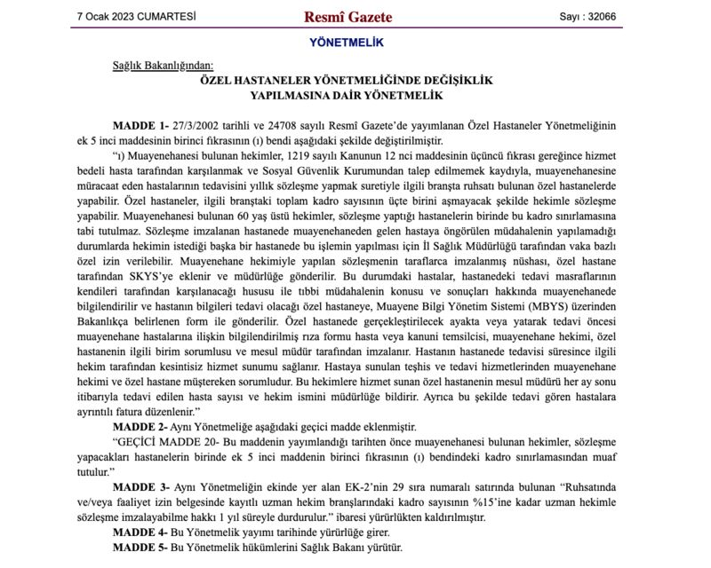 Özel Hastaneler Yönetmeliğinde Değişiklik Yapılmasına Dair Yönetmelik 1 image 1